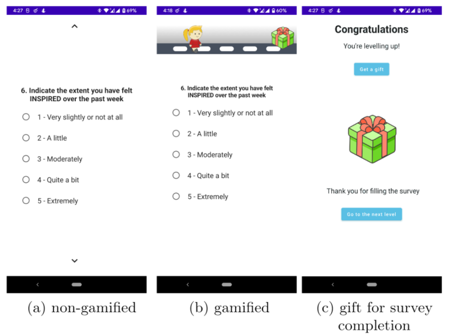 Figure 2. Screenshots of question screens in the survey application and a surprise gift acquired for the completion of every survey in the gamified version.