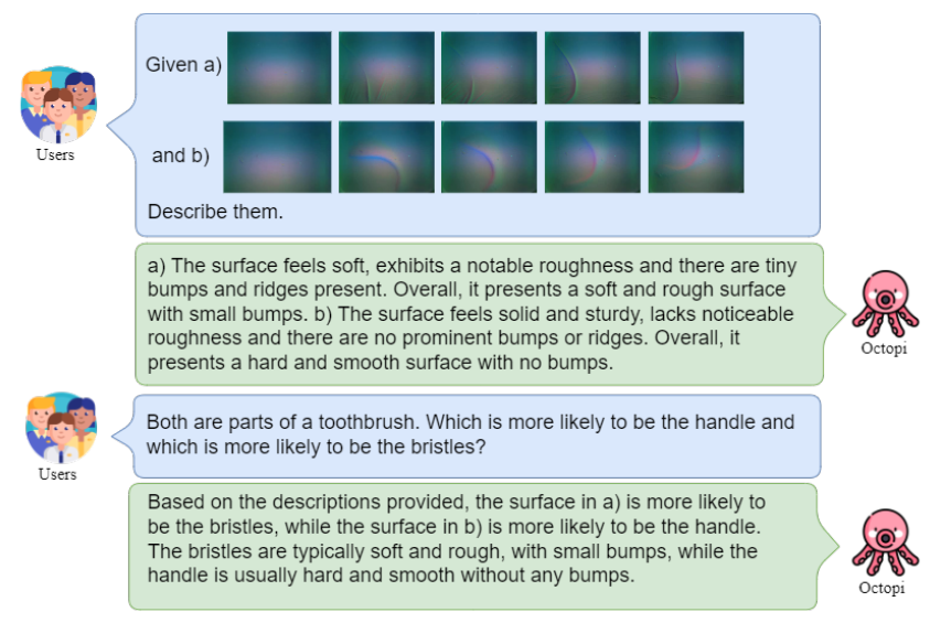 Fig. 5. Toothbrush Part Reasoning. Given a tactile video of a toothbrush’s handle and the same toothbrush’s bristles, OCTOPI-13b is prompted to reason which tactile readings belong to the handle and which belongs to the bristles.