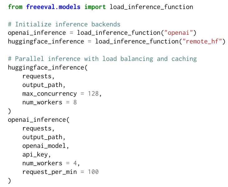  Example code for running FreeEval’s inference backends. We rely on these backends for efficient inference and provide a simple abstraction.