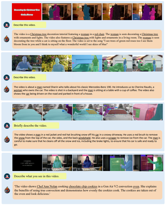 Figure 8. Qualitative results for video grounding obtained using image tags as the queries to the off-the-shelf grounding module and an entity matching module to match the image tags with the corresponding phrase in the LMM output. (e.g., in the 4th row, the phrase ’Chef Ann Nolan’ is matched with the image tag ’woman’.)