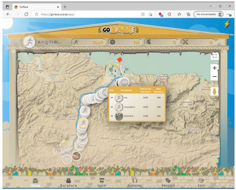 Figure 1. Map of the Olympic race in GoRace that shows the student position (circle with the border highlighted in yellow) and the positions of the competitors. 