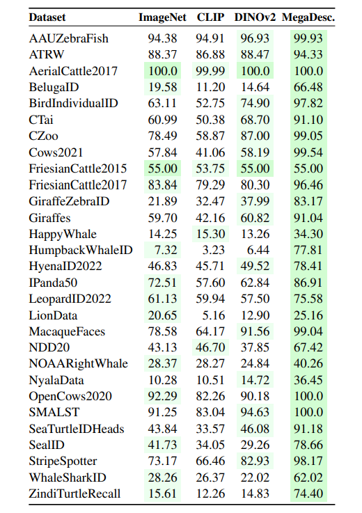 Table 4. Animal re-identification performance. We compare the MegaDescriptor-L (Swin-L/p4-w12-384) among available pretrained models, e.g., ImageNet-1k (Swin-B/p4-w7-224), CLIP (ViT-L/p14-336), and DINOv2 (ViT-L/p14-518). The proposed MegaDescriptor-L provides consistent performance on all datasets and outperforms all methods on all 29 datasets.