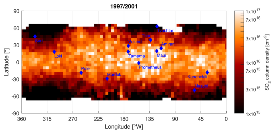 Figure 7. SO2 column density map inferred from several Lyman-α observations of absorption in the dayside atmosphere. Above 60 °N/S the observations are not sensitive to the low abundances. At the equator even higher column densities are consistent with the data (Giono and Roth, 2021).