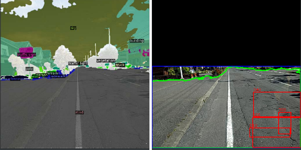 Fig. 7. Illustration of DeepLab based road segmentation. The lower half of the image shows the segment covered by road and the surface damages on it.