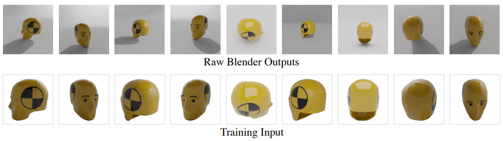 Figure 11. Synthetic Training Data Generation. We render training images with varying lighting, camera intrinsics and extrinsics. The images are center-cropped, foreground-segmented and resized before being used as training input.