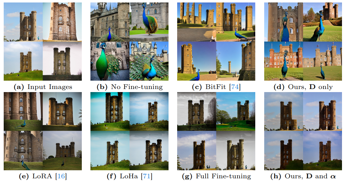 Fig. 5: Fine-tune Stable Diffusion [49] to learn the concept  from (a) and generate images using text prompt: “A peacock in front of the ”. (b) Images generated by the pre-trained model, without any fine-tuning, align well with the text prompt but fail to match the target concept. (d) When only fine-tuning the filter atoms D, our approach achieves good alignment with the text prompt and the target concept. (h) However, fine-tuning the spatially-invariant channel weights, i.e., atom coefficients α, results in generated images only align with the target concept, compromising the capability of the pre-trained model of producing diverse images that align with the text prompt. This issue is also observed in (e-g).