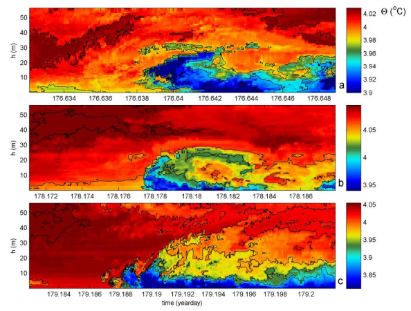 Figure 7A glossary of upslope propagating and backward breaking frontal bores. In all panels, black isotherms are drawn every 0.04C and the horizontal axis is at the level of the local seafloor. Note the different colour scales and time ranges. (a) Classic bended front with preceding instabilities guided over it, 1450 s total time-range. (b) Roll-up front with