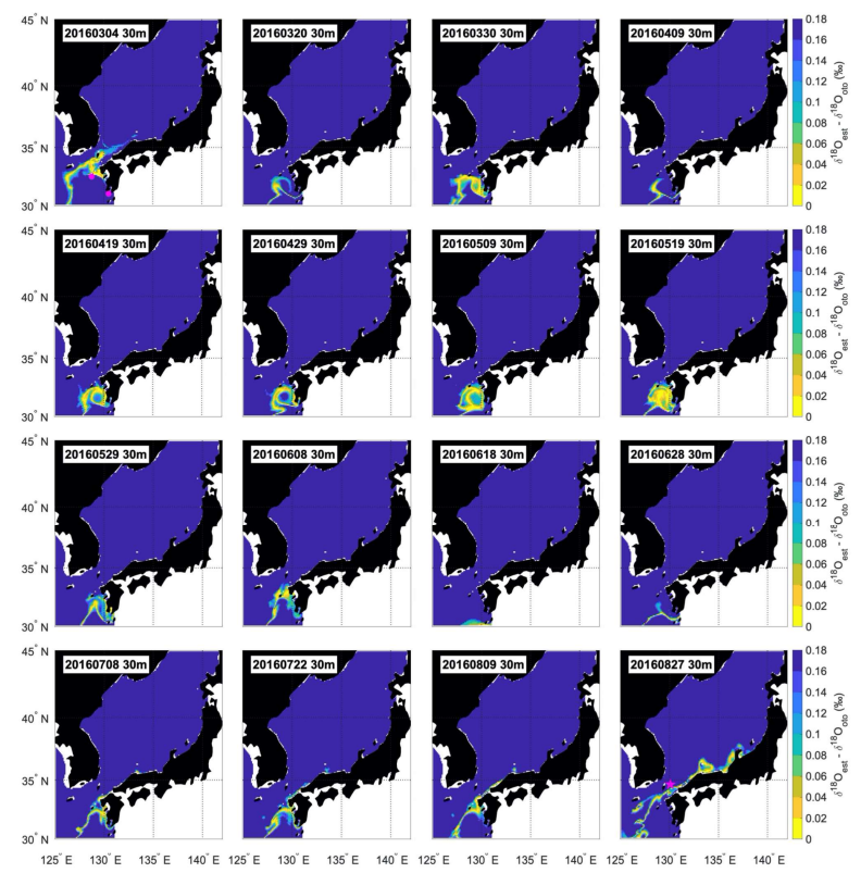 Figures S2. Example of estimated distribution areas of the individual collected in Tsushima Strait in 2016 (Tsushima Strait_2016_1), assuming the distribution depth of 30 m. The blue to yellow gradation indicates the estimated distribution areas. Spawning grounds are presented as pink circles. Sampling areais presented as pink star. The upper leftmost figure shows the estimated distribution area of the nearest hatching date and the lower rightmost figure shows the estimated distribution area of the nearest sampling date. 