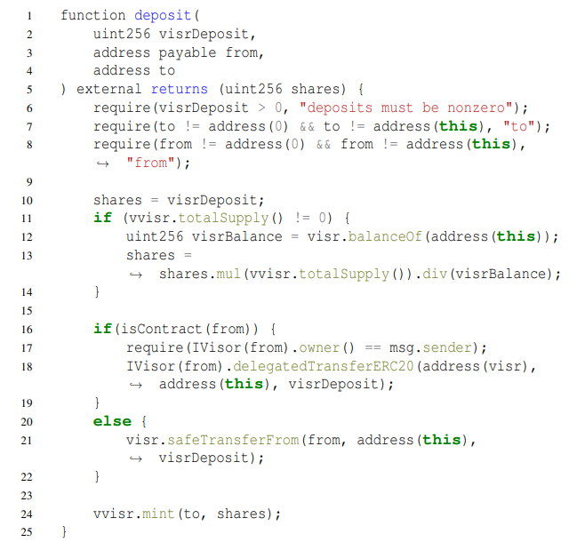 Listing 3: The vulnerable deposit function in vvisr.