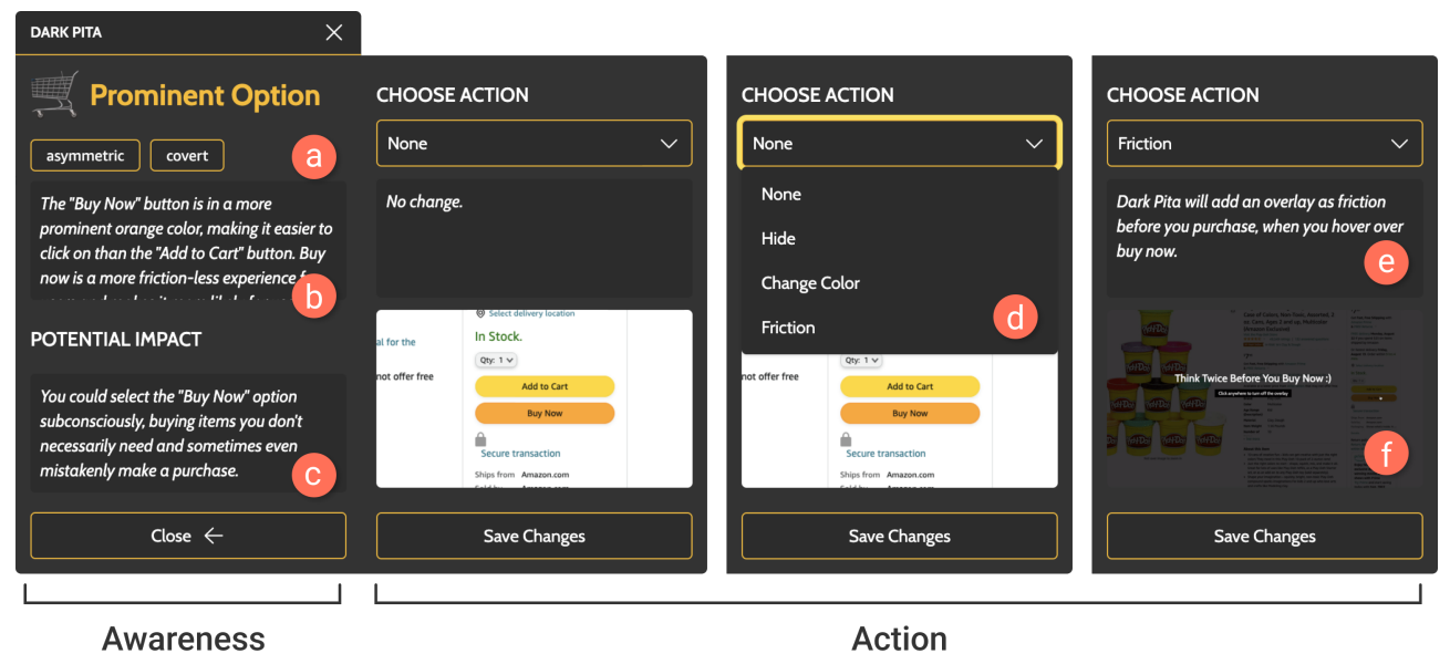 Fig. 4. Dark Pita’s awareness and action panels.