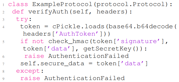 Listing 1: Python code adapted from [29], showing an example for deserialization of untrusted data (CWE-502).