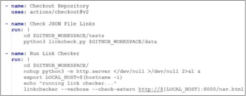 Figure 3: A partial implementation of the YAML file automating the link checker.