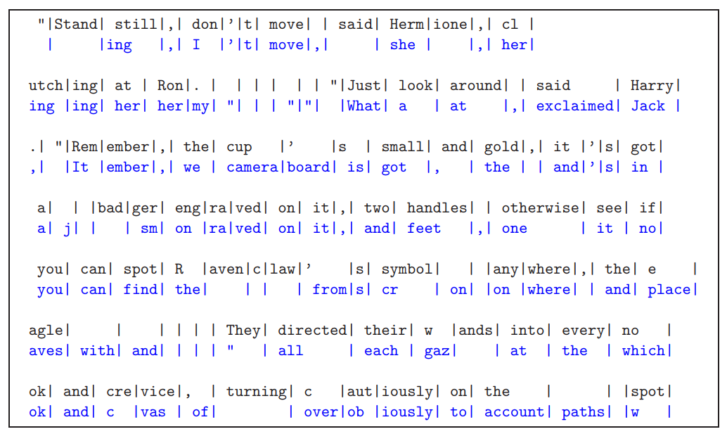 Figure 4: Example of input tokens and target labels for finetuning. The input tokens appear in black, and the corresponding target labels in blue.