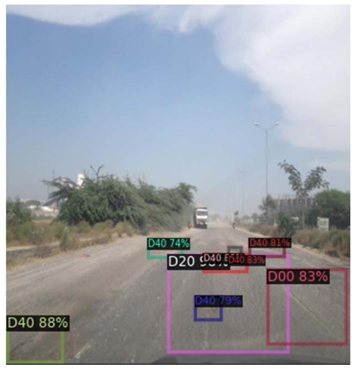 Fig. 11. Successful results of detection on India_000052.jpg Test (T) data using Faster R-CNN [4] Resnet50+FPN [5] model. Trained on data from all countries. Multiple damage types like D20, D00 and D40 have been identified accurately. The model predicts small and medium bounding boxes with more than 70% classification accuracy. The lighting conditions are good and the textures in the captured image is clearly visible. 