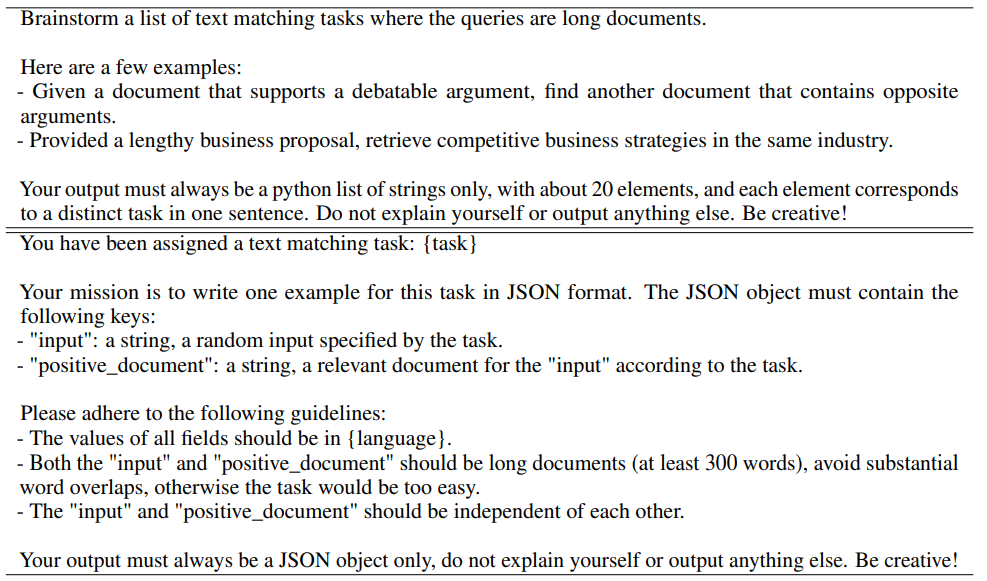 Table 10: Prompt template for the long-long matching subgroup. We do not generate negative documents for latency reasons.