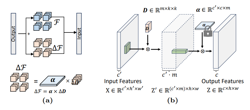  At the spatial-only convolution stage, each filter atom D is adapting to the target task, and then at the cross-channel mixing stage, Z′ are combined into Z using fixed atom coefficients α, which is obtained from the pre-trained model. More details are provided in Section 3.