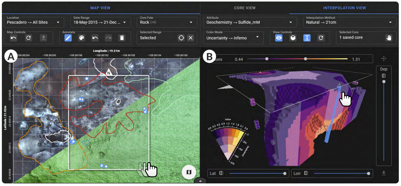  DeepSee presents side-by-side views of 2D geological and biological landscape maps (A) as well as 2D visualizations and 3D interpolations of physical, geochemical, and biological parameter gradients in deep sea sediment cores (B).