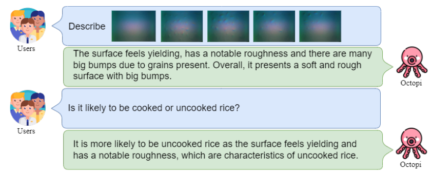 Fig. 4. Rice (Cooked v.s. Uncooked) Reasoning. OCTOPI-13b is prompted to reason about whether a scoop of rice is more likely to be cooked or uncooked based on a tactile video of a scoop on uncooked rice. It reasons about the rice state correctly without being trained to do so.