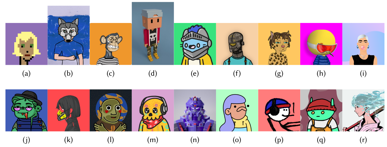 Fig. 1. Profile picture NFT projects that we analysed: (a) CryptoPunks, (b) The HashMasks, (c) Bored Ape Yacht Club, (d) Meebits, (e) Cool Cats, (f ) Crypto Hodlers, (g), Gu"er Cat Gang, (h) The Alien Boy, (i) World of Women, (j) DeadFellaz, (k) 0N1 Force, (l) Creature, (m) CryptoMories, (n) MekaVerse, (o) doodles, (p) mfer, (q) Alien Frens, (r) Azuki.