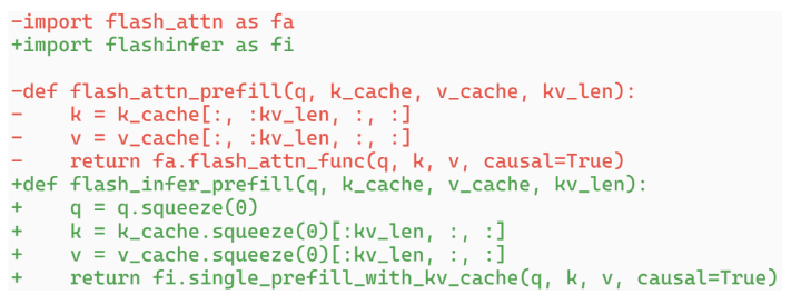 Figure 12. Illustration of code changes required to replace the prefill attention kernel of FlashAttention with that of FlashInfer. vAttention supports dynamic memory allocation transparently, enabling easy switching between kernels.