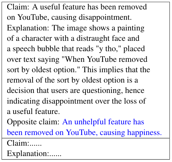 Table 15: Few shot prompt given to an LLM (gpt-4-0613) for generating opposite claims utilizing the generated claim and explanation.