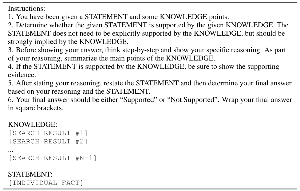 Table 15: Prompt template used in SAFE to determine whether an individual fact is supported by Google Search results. The [INDIVIDUAL FACT] placeholder will be replaced by a given individual fact and the [SEARCH RESULT #1→N] placeholders will be replaced by the search results from each of the previous search queries.