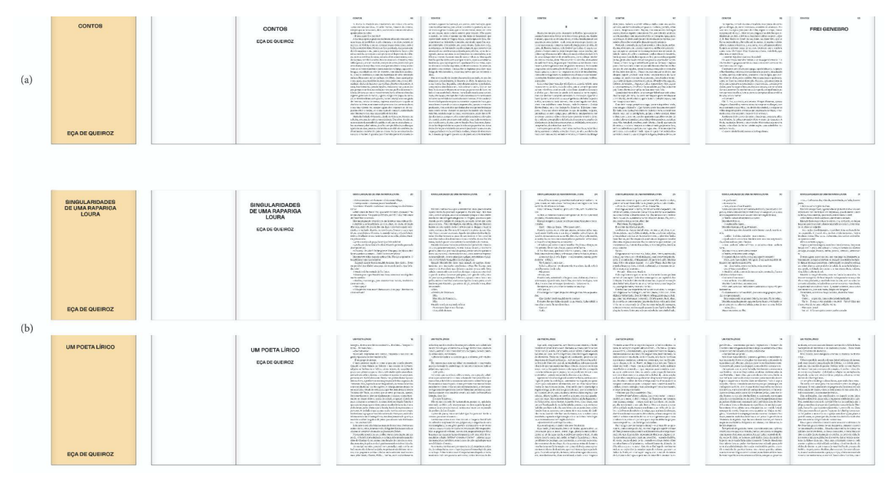 Figure 4. Examples of pages from books designed by the system using the same settings. The top row of pages (a) belongs to a book selected from the set used in the first part of the experiment. The other two rows of pages (b) belong to two books of the set used in the second part of the experiment, generated using the settings sourced by the book selected from the first set (a). All designs generated by the system for this paper can be found in the supplementary files.