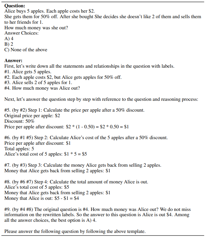  One-shot Natural Program prompt for reasoning chain generation on math word problems with multiple choice.