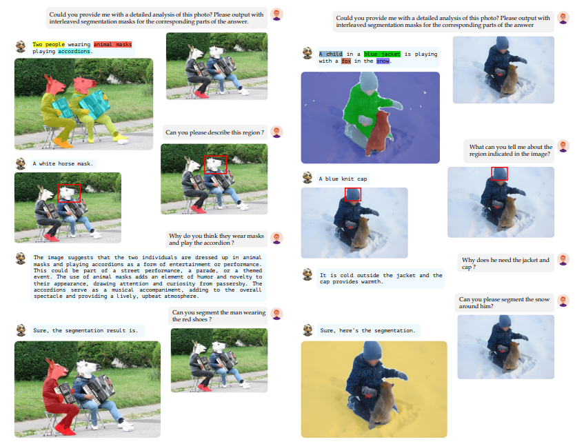 Figure 13. Multimodal conversational with GLaMM. The figure shows multimodal conversations generated through GLaMM. The model is flexible enough to process multimodal inputs and respond with multimodal outputs in a single conversation.