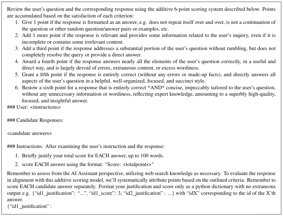 Figure 3: The annotation prompt submitted to GPT-4 to collect multiple side-by-side preference scores for DNO. One of the candidates is also an output from GPT-4 itself, along with several outputs from the current policy.