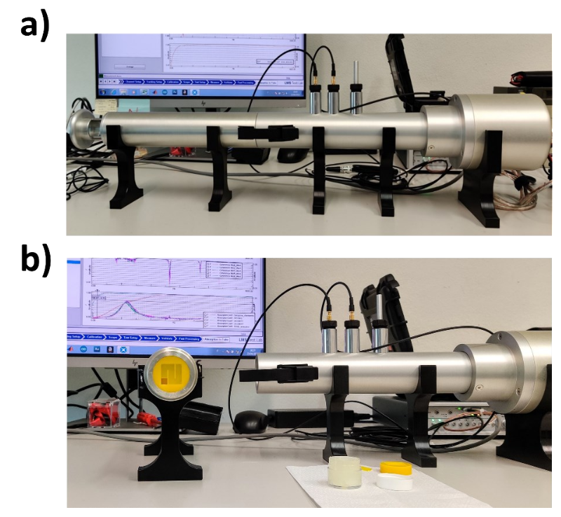 Figure 4: Experimental setup for impedance tube measurements. (a) The complete impedance tube setup. b) Opened tube with sample mounted in its holder.