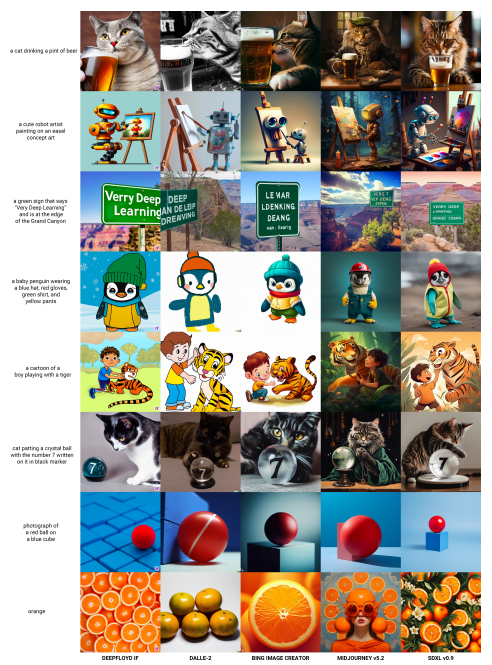 Figure 8: Qualitative comparison of SDXL with DeepFloyd IF, DALLE-2, Bing Image Creator, and Midjourney v5.2. To mitigate any bias arising from cherry-picking, Parti (P2) prompts were randomly selected. Seed 3 was uniformly applied across all models in which such a parameter could be designated. For models without a seed-setting feature, the first generated image is included.
