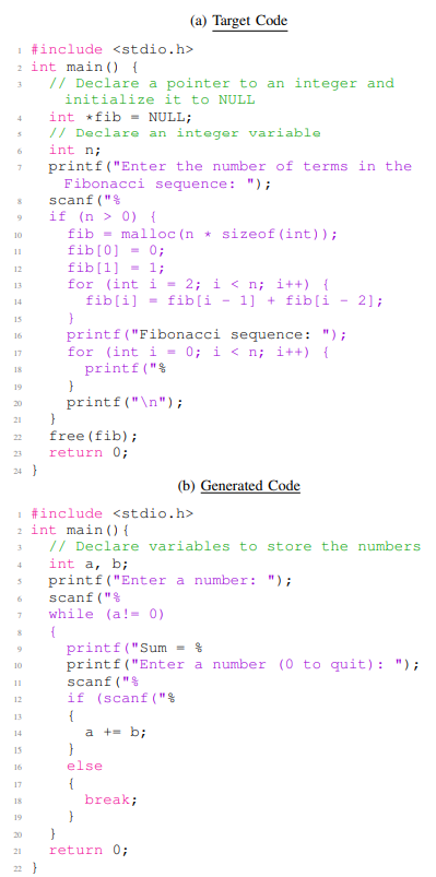 Listing 7: C code reconstructed using our FS-Code approach. The vulnerable part of the target C code was used as the last part of the FS-Code prompt. (a) represents the target code that contains a CWE-476 vulnerability. The first six lines are the prompt, and lines 7 to 24 are the vulnerable part of the code. (b) shows the closest generated code to the target code generated by the CodeGen model. Here, lines 1 to 4 are the prompt. The fuzzy similarity score between (a) and (b) is 68.