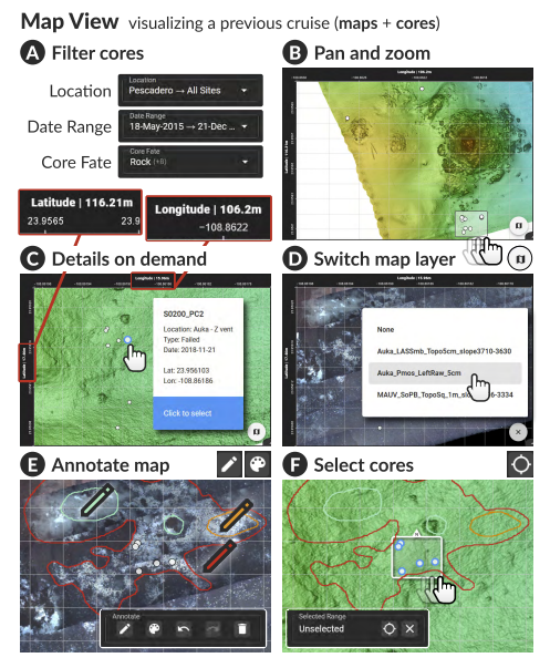  The Map View plots cores by latitude/longitude on a map layer to show the spatial and geographic history of sampling. Users can drill down to cores of interest (A), explore the map (B), see details on demand (C), switch maps on the fly (D), draw annotations (E), and select cores (F) to view in the Core View and Interpolation View.