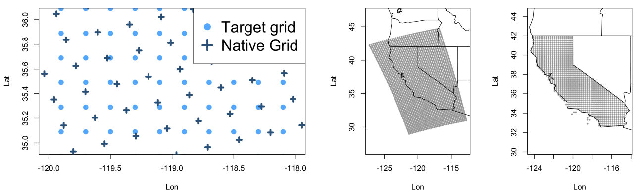 Figure 1. A comparison of differing grid projections. The left shows a close up of two differing grids on a 20km scale and a zoomed out projection on the right.