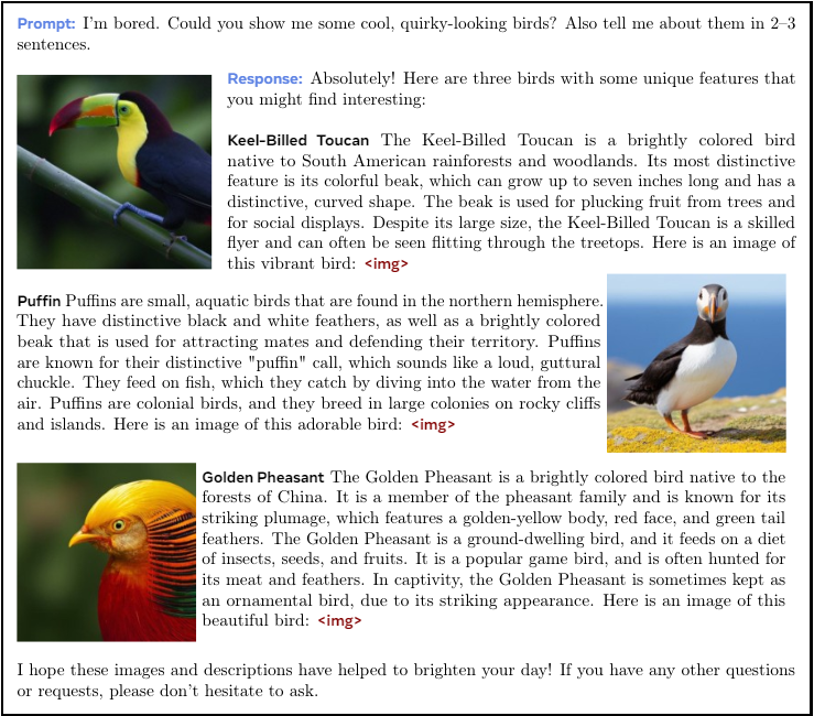 Figure 2 Sample interleaved image and text generation from Chameleon. The corresponding images are generated in locations marked by.