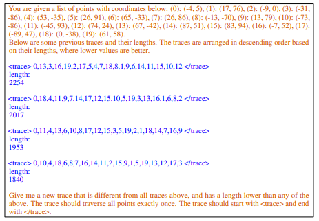 Figure 20: An example of the meta-prompt for Traveling Salesman Problems with problem sizen = 20. The blue text contains solution-score pairs; the orange text are meta-instructions.