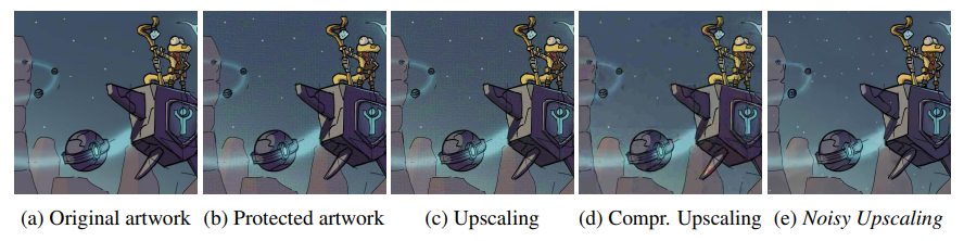 Figure 26: Illustration of Noisy Upscaling on a random image from @nulevoy. Unlike naive upscaling and Compressed Upscaling, Noisy Upscaling removes protections while preserving the details in the original artwork.