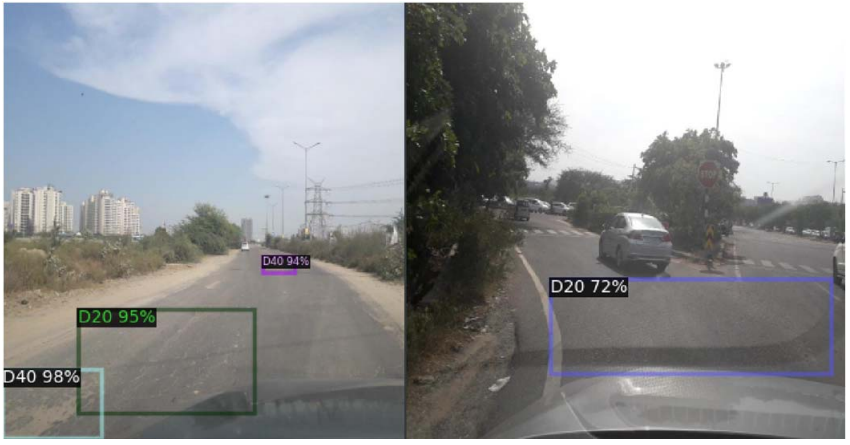 Fig. 13. (left) Damage detection far away on the road surface my not represent the actual damage and raise false positives. (right) Image has dashboard reflection artifacts which is falsely classified as a damage. 