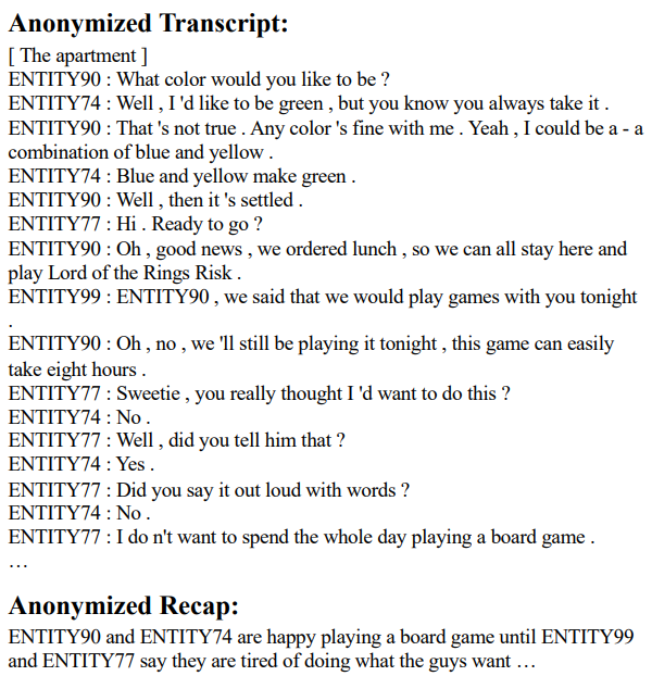 Figure 6.5: An excerpt from anonymized SUMMSCREEN that corresponds to the instance in Fig. 6.2. Character names are replaced with IDs that are permuted across episodes.