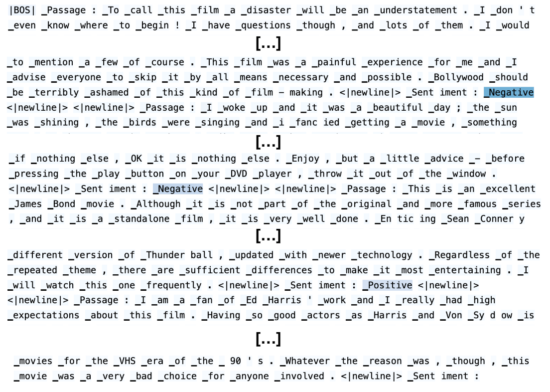 Figure 7: Example induction head (H3, first attention layer) from a hybrid Attention-Mamba model. Highlighted words reflect strong attention from the last token, “:”, just before the model is about to predict the label. We see that the attention is focused on label tokens from the few-shot examples.