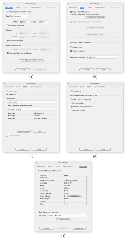 Figure 2. Snapshots of the system, showing the five different tabs of the user interface: (a) Document, (b) Input, (c) Styles, (d) Experimental and (e) Properties. Demonstration videos of the system can be found in the supplementary files.