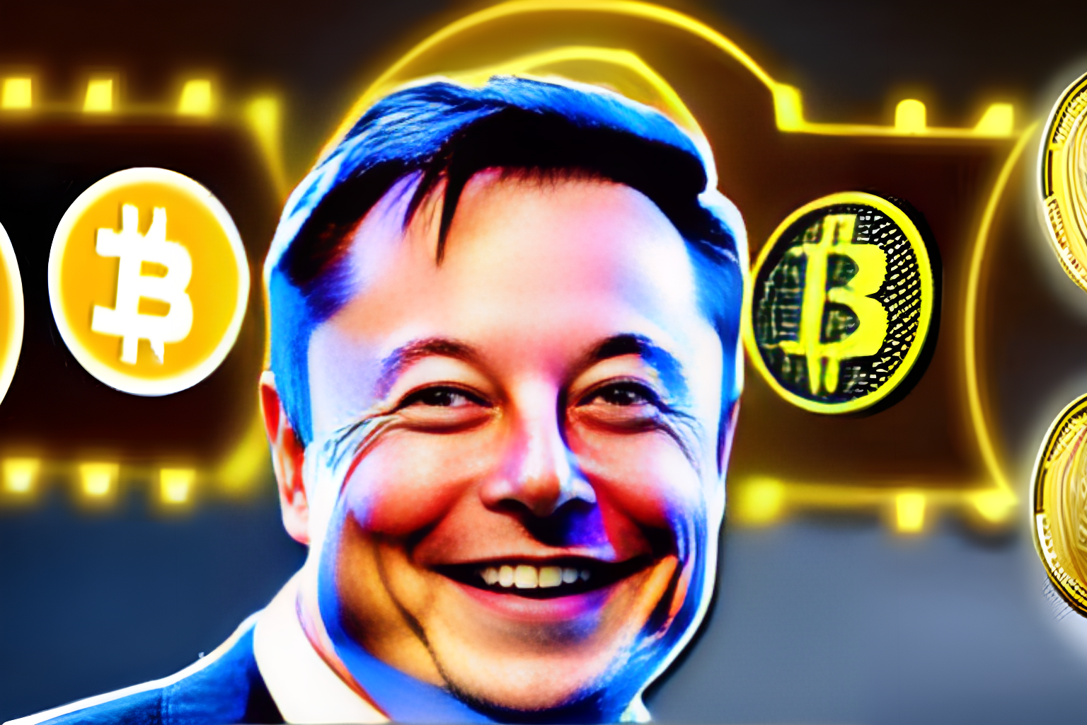 Face of Elon Musk along with crypto coins