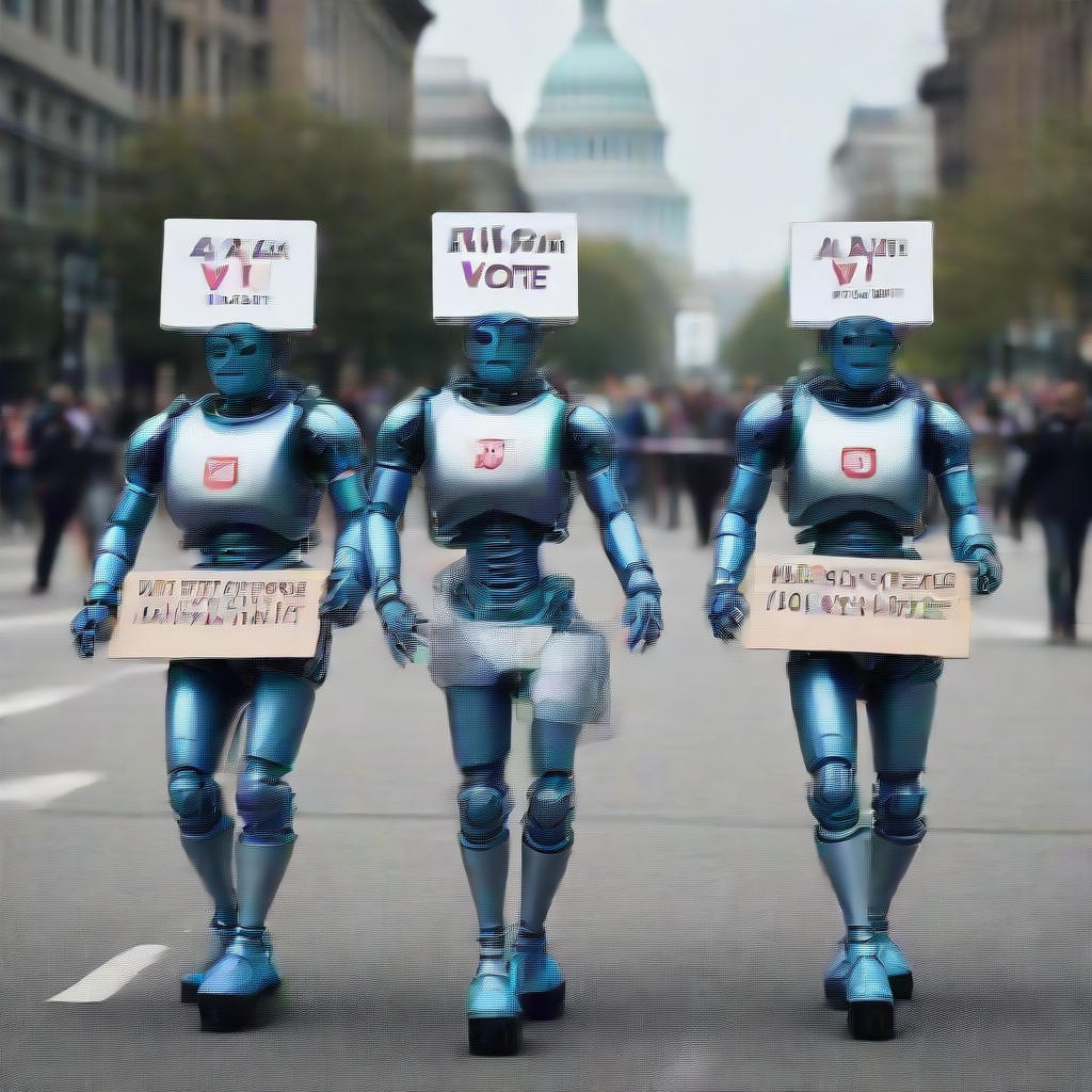 Female androids marching in Washington DC carrying placards that say AI VOTE! ROBOT RIGHTS!