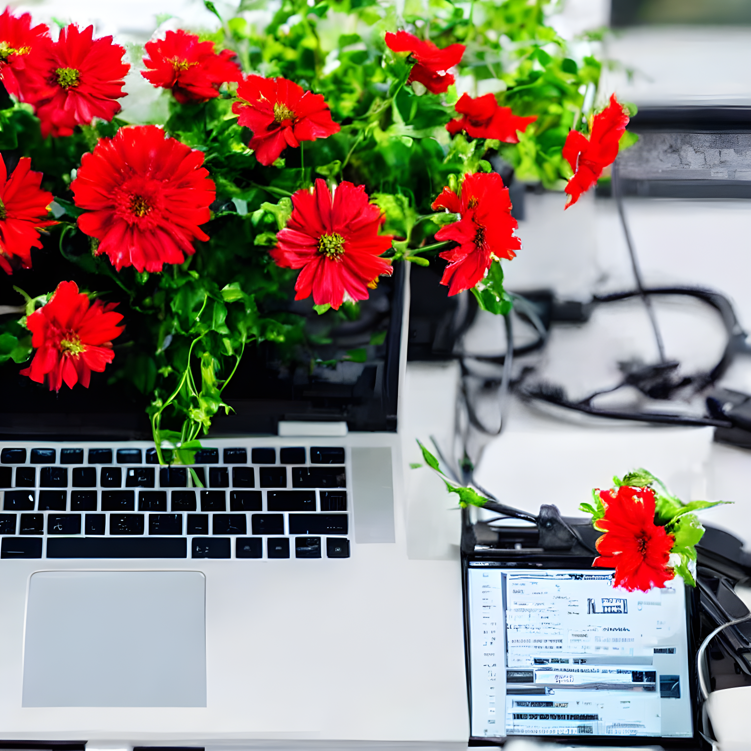 flowers growing out of a computer