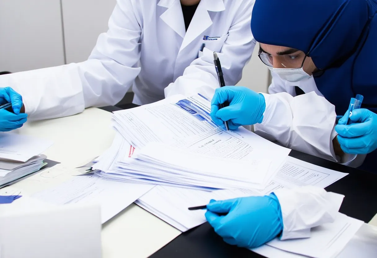 forensic scientists reviewing a pile of documents