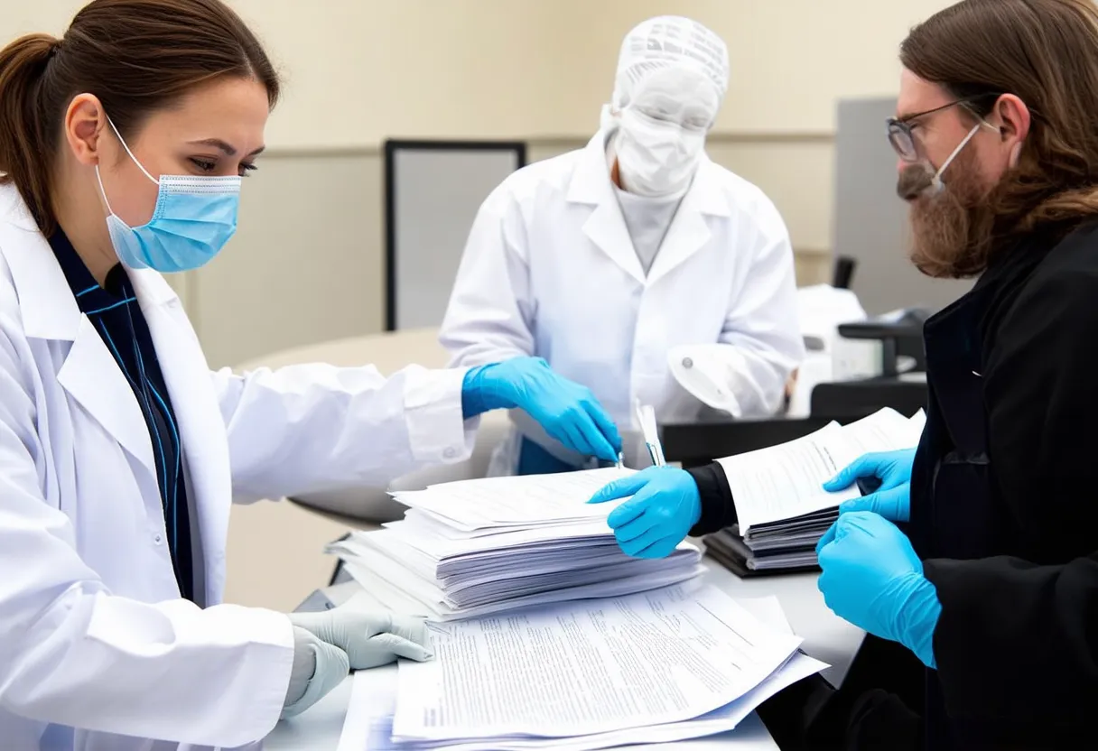 forensic scientists reviewing a pile of documents