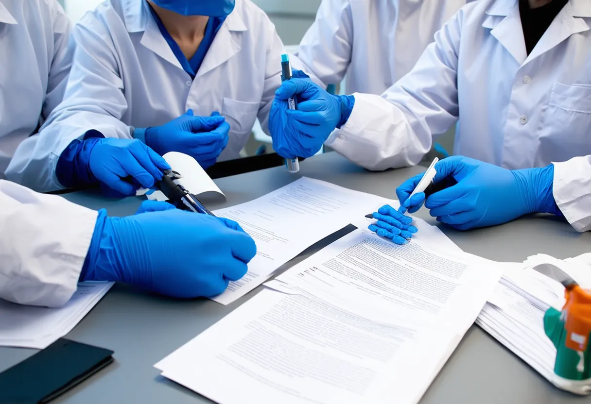 forensic scientists reviewing a pile of documents