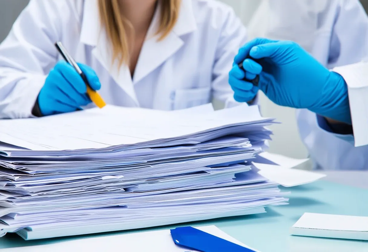 forensic scientists reviewing a pile of documents