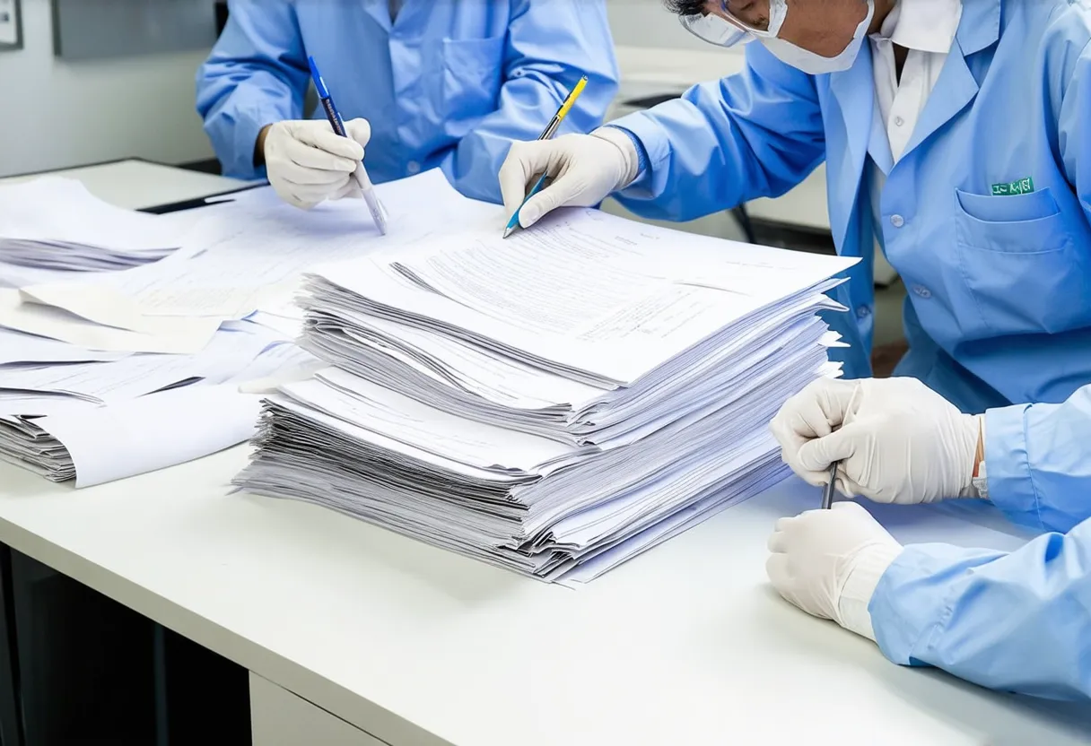 forensic scientists reviewing a pile of documents